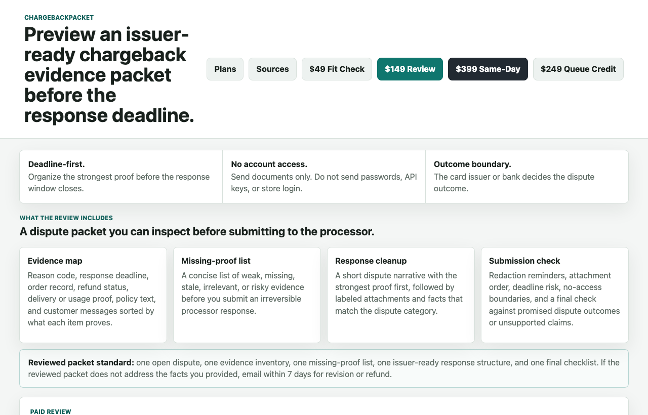ChargebackPacket reviewed packet product screen