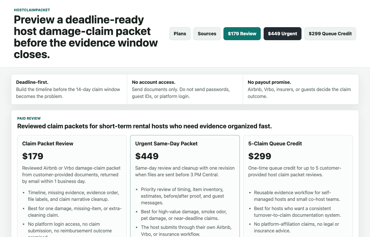 HostClaimPacket product page screenshot