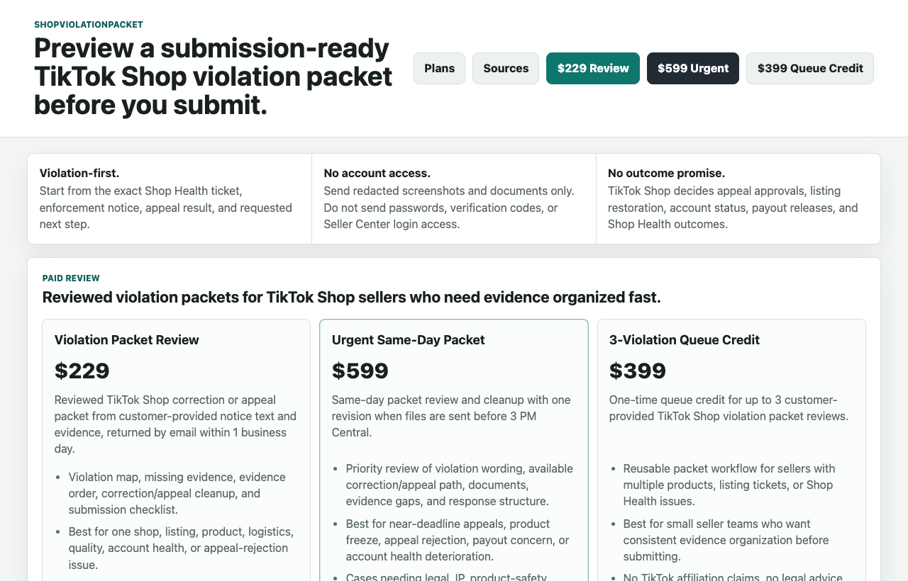 ShopViolationPacket product page screenshot
